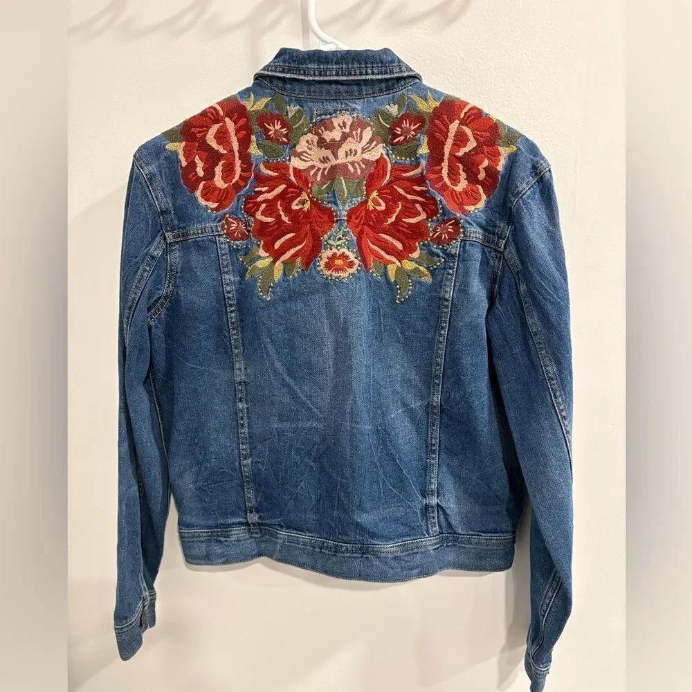 American Eagle Outfitters Blue Denim Jacket with Red Floral Embroidery